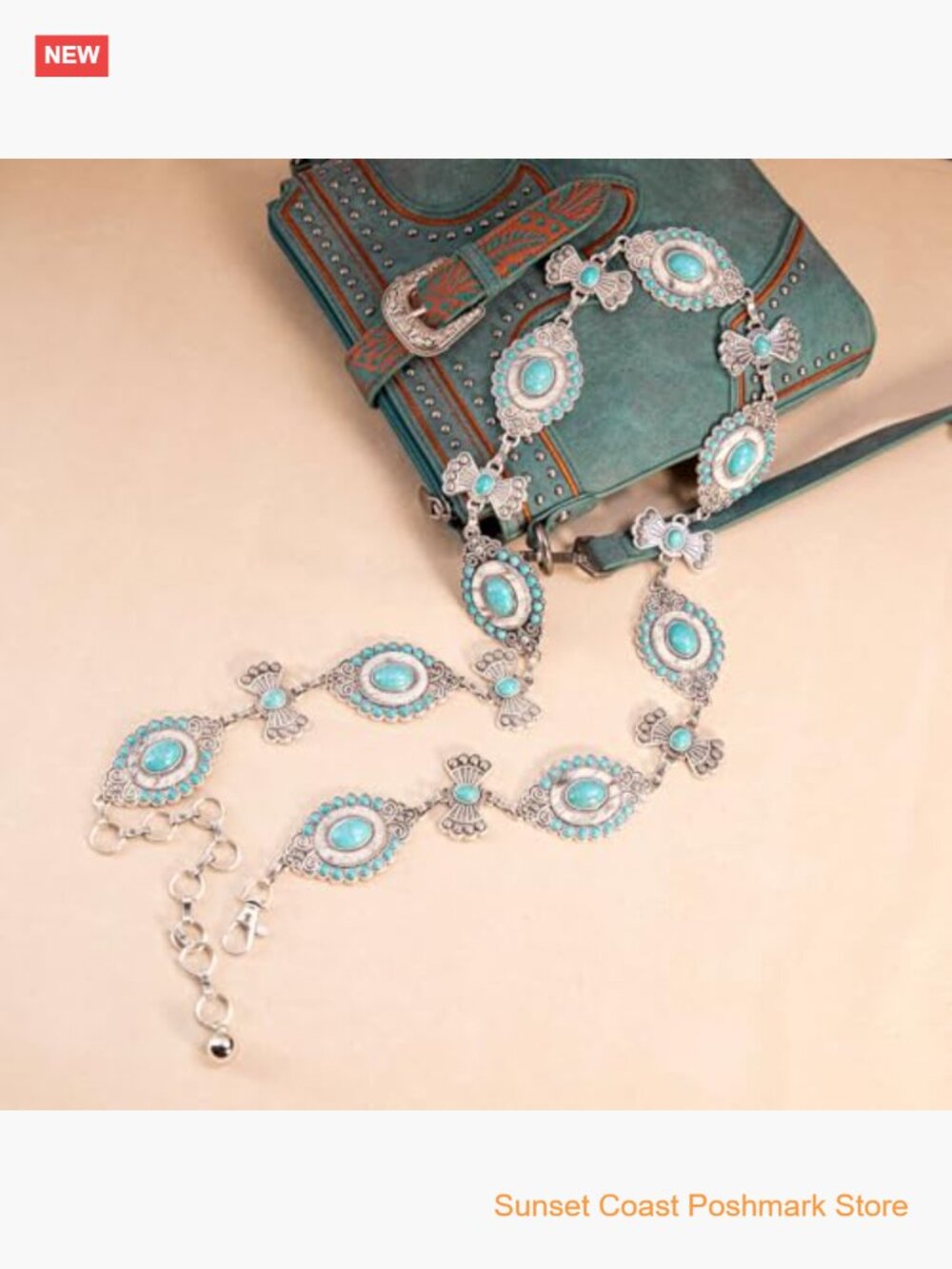 Large Western Concho Metal Chain Belt with Lobster Claw Clasp - Picture 6 of 7